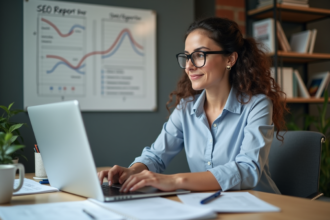 Femme concentrée analysant un rapport SEO au bureau