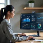 Femme entrepreneur analysant des données de monétisation de modèles IA sur un écran dans un bureau moderne