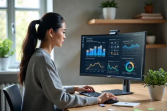 Femme entrepreneur analysant des données de monétisation de modèles IA sur un écran dans un bureau moderne