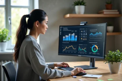 Femme entrepreneur analysant des données de monétisation de modèles IA sur un écran dans un bureau moderne