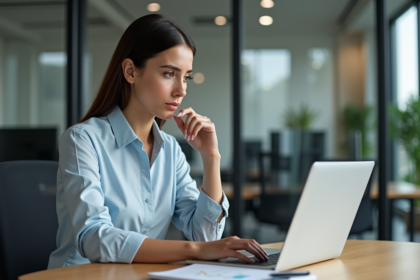 Femme d'affaires analysant des graphiques sur un ordinateur