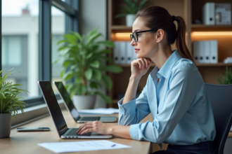 Femme concentrée sur son ordinateur dans un bureau moderne