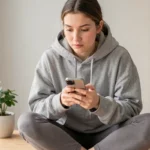 Jeune femme consultant anonymement des stories Instagram sur son smartphone dans un bureau minimaliste