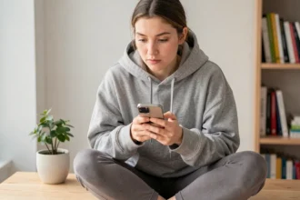 Jeune femme consultant anonymement des stories Instagram sur son smartphone dans un bureau minimaliste