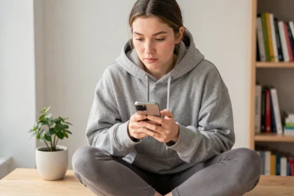 Jeune femme consultant anonymement des stories Instagram sur son smartphone dans un bureau minimaliste