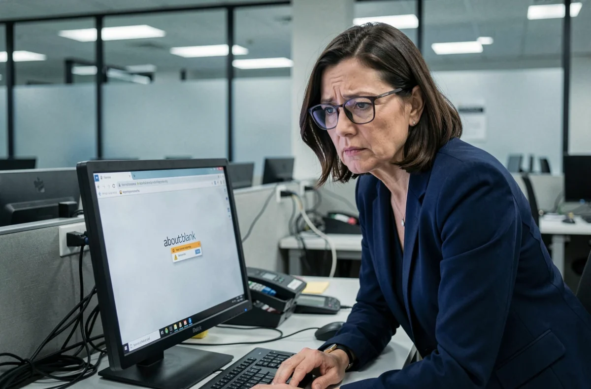 Femme en bureau regardant une fenêtre about:blank avec une notification suspecte sur son ordinateur