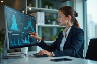 Femme en costume d'affaires analysant des données numériques