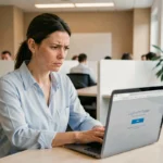 Femme au bureau face à un message d'erreur de mot de passe sur son ordinateur portable
