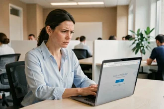 Femme au bureau face à un message d'erreur de mot de passe sur son ordinateur portable
