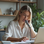 Jeune femme au bureau à domicile parlant en microphone