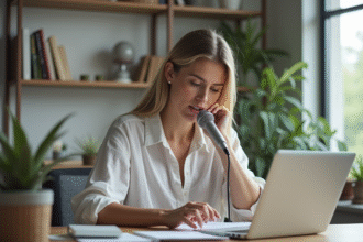 Jeune femme au bureau à domicile parlant en microphone