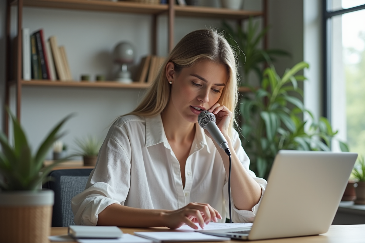Jeune femme au bureau à domicile parlant en microphone