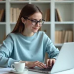 Jeune femme au bureau avec ordinateur et tasse