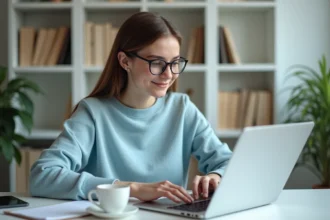 Jeune femme au bureau avec ordinateur et tasse