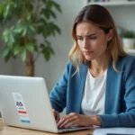 Femme au bureau regardant un message d'erreur sur son ordinateur