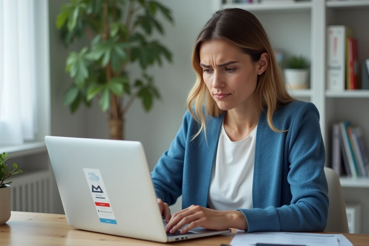 Femme au bureau regardant un message d'erreur sur son ordinateur