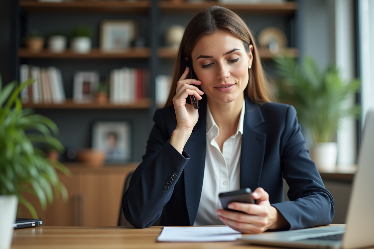 Femme en costume professionnel au bureau moderne
