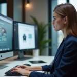 Jeune femme française au bureau naviguant sur un portail web