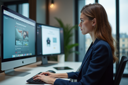 Jeune femme française au bureau naviguant sur un portail web