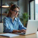 Jeune femme professionnelle ajuste ses préférences sur son ordinateur