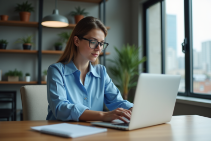 Jeune femme professionnelle ajuste ses préférences sur son ordinateur