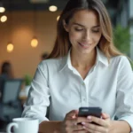 Femme professionnelle programmant un message WhatsApp sur son smartphone dans un bureau moderne