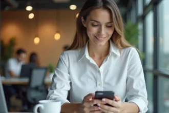 Femme professionnelle programmant un message WhatsApp sur son smartphone dans un bureau moderne