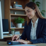 Jeune femme au bureau utilisant un lecteur biométrique