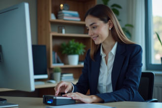 Jeune femme au bureau utilisant un lecteur biométrique