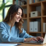 Jeune femme en bureau moderne utilisant Windows 11