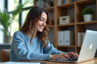 Jeune femme en bureau moderne utilisant Windows 11