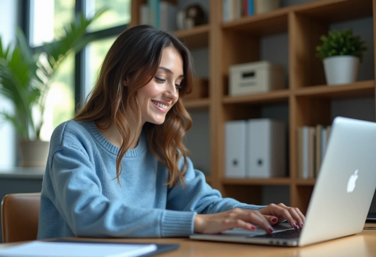 Jeune femme en bureau moderne utilisant Windows 11
