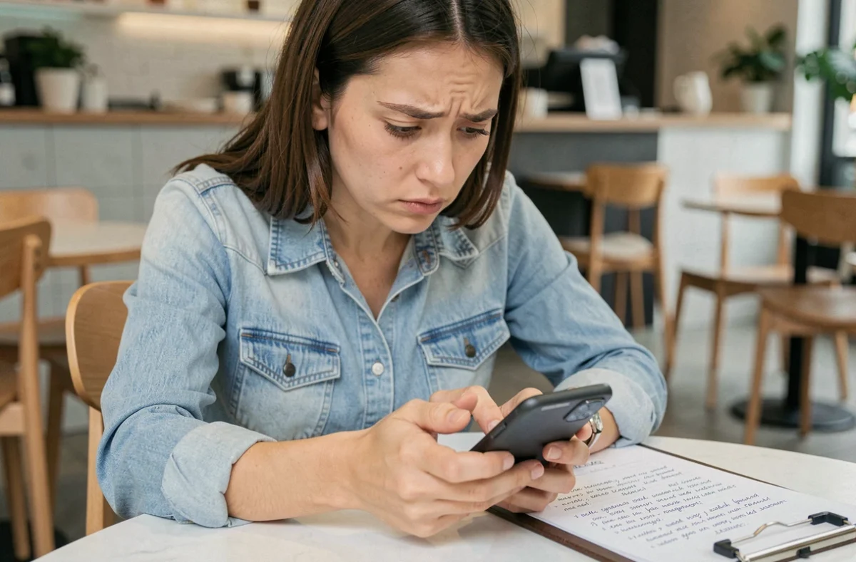 Femme dans un café tentant de coller du texte sur un téléphone Android sans résultat