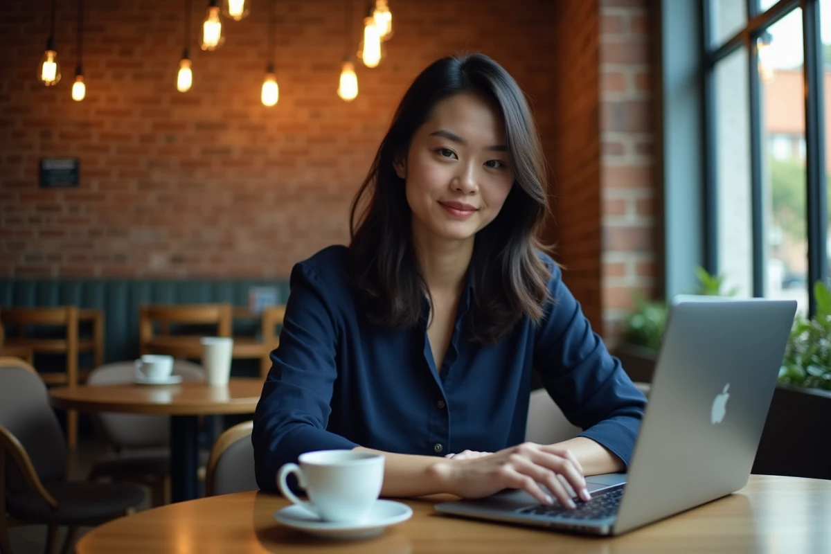 Femme dans un café utilisant le Chrome Web Store pour installer des extensions sur son navigateur