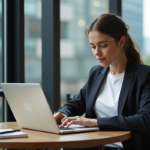 Jeune femme au café comparant des graphiques colorés
