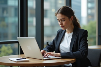 Jeune femme au café comparant des graphiques colorés