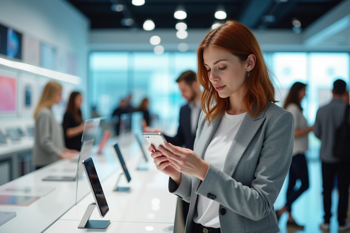 Femme comparant deux smartphones dans un magasin électronique en attendant de faire son choix d'achat