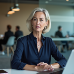 Femme en réunion au bureau avec audio et ordinateur