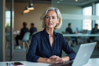 Femme en réunion au bureau avec audio et ordinateur