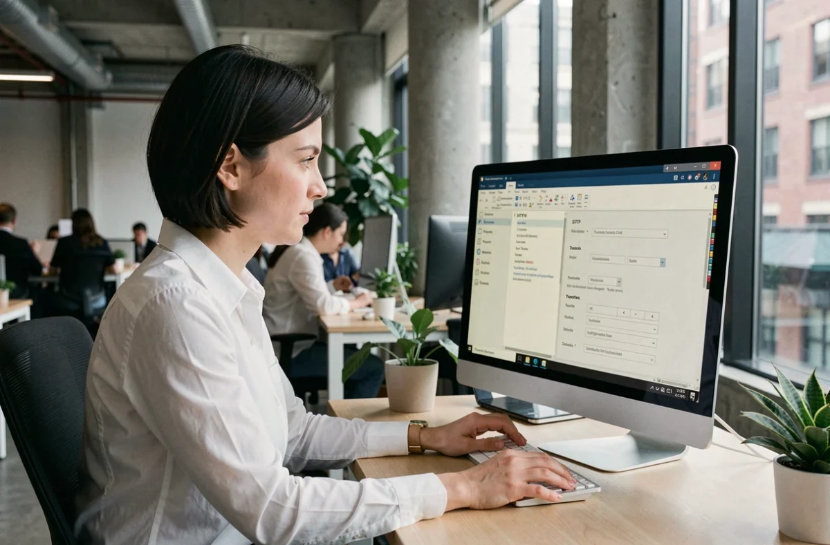 Femme paramétrant Thunderbird pour accéder à sa messagerie laposte.net dans un espace de coworking moderne