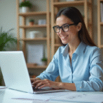Femme professionnelle créant des cartes de visite dans un bureau lumineux
