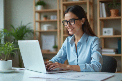 Femme professionnelle créant des cartes de visite dans un bureau lumineux