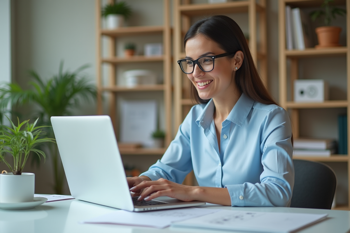 Femme professionnelle créant des cartes de visite dans un bureau lumineux