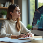 Jeune femme en bureau moderne regardant des graphiques futuristes