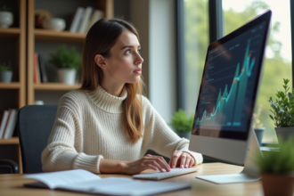 Jeune femme en bureau moderne regardant des graphiques futuristes