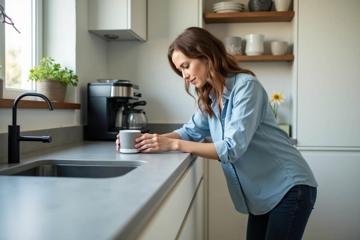 Femme installant une enceinte connectée dans une cuisine moderne équipée d'appareils intelligents