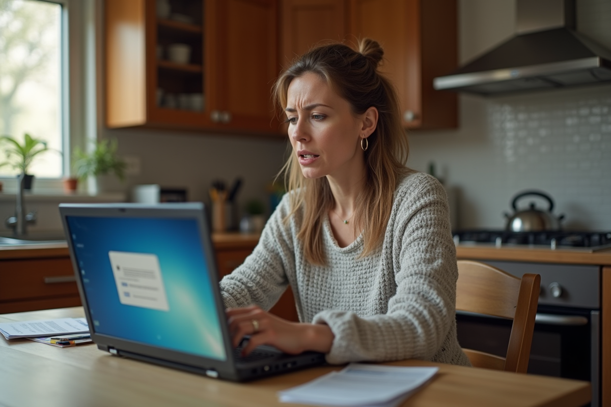 Femme stressée utilisant un laptop avec erreur Windows 7 à la maison