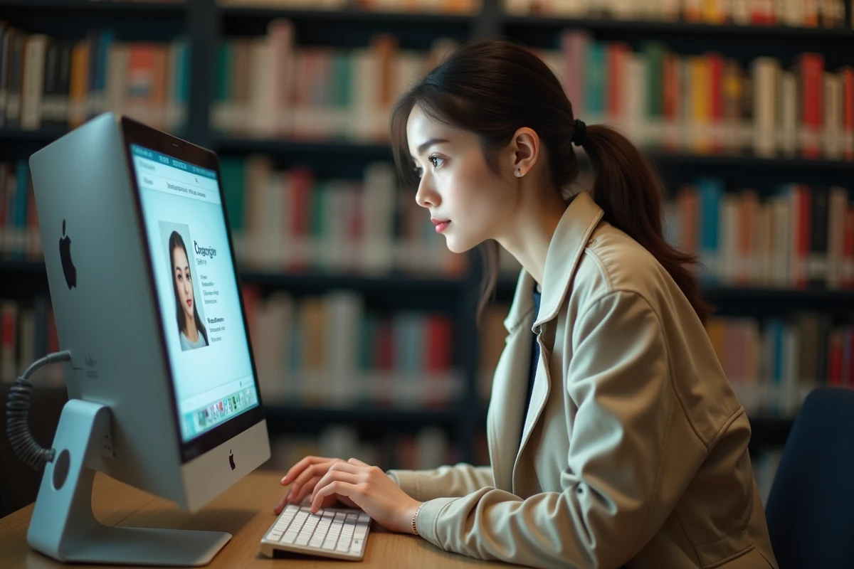 Jeune femme utilisant un ordinateur dans une bibliothèque