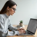 Femme utilisant un MacBook Pro dans un bureau minimaliste pour optimiser les performances de son ordinateur