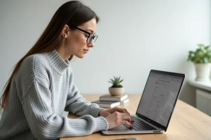 Femme utilisant un MacBook Pro dans un bureau minimaliste pour optimiser les performances de son ordinateur